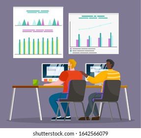 People working on data analysis. Men using laptops to get stats and type results. Whiteboards with infocharts and project information in visual form. Workers at computers vector in flat style