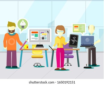 People working on development on websites and computers vector. Man web and graphic designer, presentation on board, notes and deadlines flat style