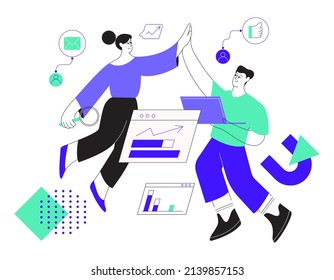 People working on a digital marketing strategy, doing research and collecting data. Vector illustration in flat style and outline style