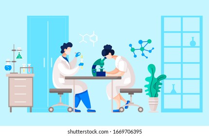 People working on experiment or analysis in researching laboratory. Man and woman using microscope and physics in analysis. Pharmaceutical workers in lab. Scientists in office. Vector in flat style