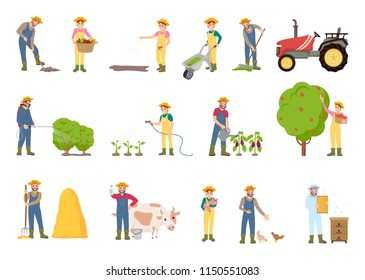 People working on farm, in garden, vector banner. Farmer cares of domestic animals, water the plants, with farming equipment, wheelbarrow and tractor