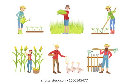 People Working on Farm and Garden Set, Male and Female Farmers Characters Harvesting, Feeding Poultry, Watering Plants Vector Illustration