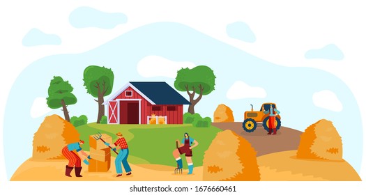 People working on farm, stacking hay bales, vector illustration. Men and women cartoon characters, farmers work on field. People harvesting summer crop, countryside fieldwork, farmland lifestyle