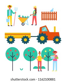 People working on farm vector icon. Tractor with trailer, woman with full wheelbarrow, man with pitchfork and bucket, couple pluck fruit from tree set