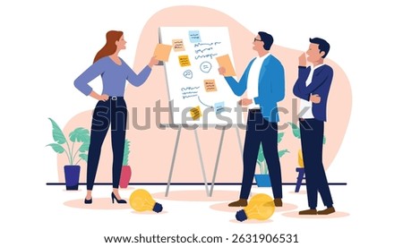 People working on flipchart  - Business team or group brainstorming in workshop using scribbles and sticky notes working on project and solving problems together. Flat design vector illustration