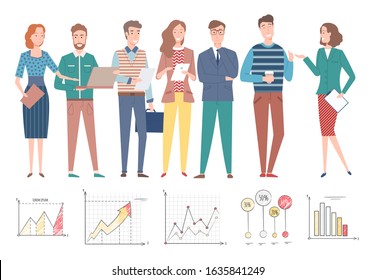 People working on information analysis vector, man and woman talking and discussing business data and results of projects, infocharts and flowcharts