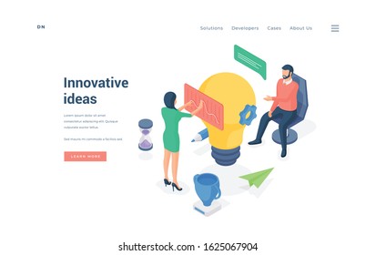 People working on innovative ideas. Isometric man and woman offering and discussing innovative ideas around huge light bulb on creative website banner