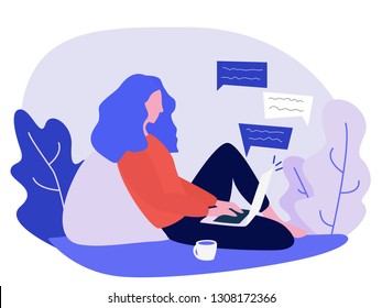 People are working on the internet, computer, network chat, flat cartoon vector illustration.