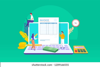 people working on invoice on laptop vector illustration concept, can use for, landing page, template, ui, web, mobile app, poster, banner, flyer