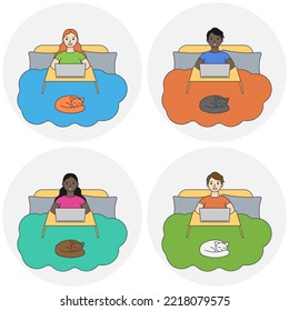 Leute, die auf Laptop arbeiten, im Bettliniensymbol eingestellt.