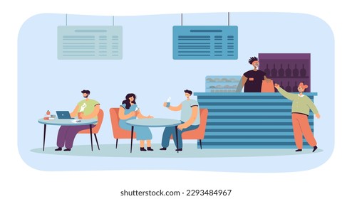 People working on laptop and drinking coffee at cafe. Cartoon drawing of fast food restaurant worker behind counter giving order to girl vector illustration. Food, fast food, bakery concept