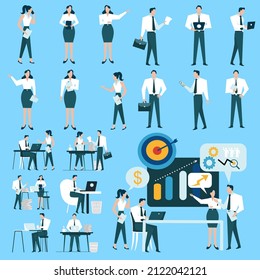 People working on laptop set.working with teams and meeting.cartoon character vector. Business peoples in different poses for teamwork, meetings and conference. Vector 