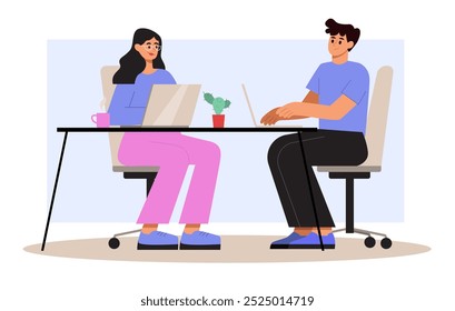 Personas trabajando en el ordenador portátil en la mesa. Trabajo en equipo en Office. Ilustración vectorial plana.