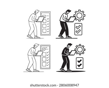 People working on laptops with checklists and gears business workflow concepts