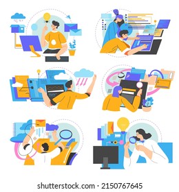 People working on laptops and computers, researching and looking for information. Data scientists and analytics, brainstorming and working in teams. Workers in the office. Vector in flat style
