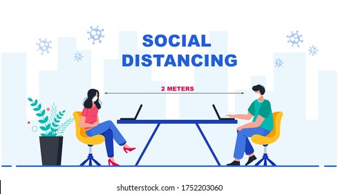 People Working On Laptops. Employees Are Maintain Distance During Work At Workplace. Social Distancing At Office Workplace. Vector Illustration.