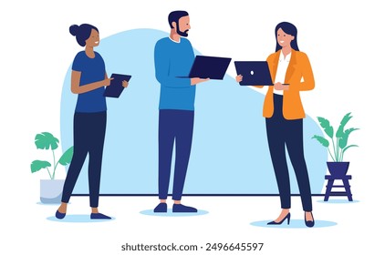 People working on laptops - Group of three colleagues at work standing using computers, smiling and talking together in office. Flat design vector illustration with white background