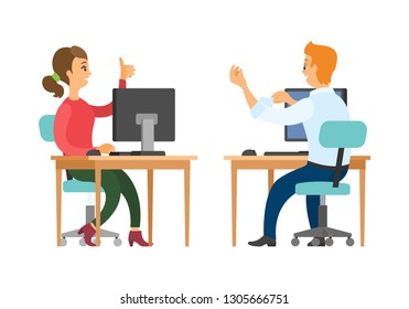 People working on laptops in office vector, man and woman. Business process, communication between workers, online technologies on computers at work