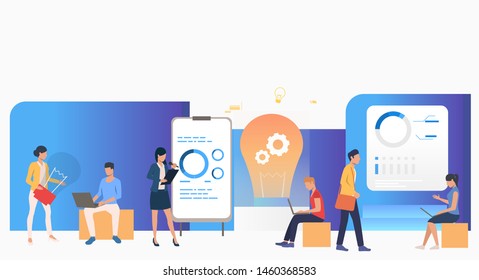 People working on laptops and presenting innovative product. Exposition, technology, decoration concept. Vector illustration can be used for topics like business, shopping, show room