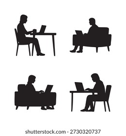 People Working on Laptops Silhouette Figures Set