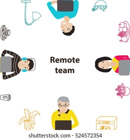 People working on laptops vector frame, remote team work concept illustration, flat style