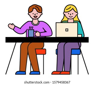 People working on new project in pair. Isolated man and woman sitting by table discussing problems of company. Female character typing on laptop, male drinking from coffee cup. Vector in flat style