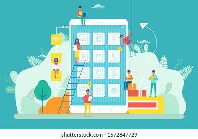 People working on optimization of smartphone application vector. Man and woman programmers with icons and symbols for cell. Ladder and paper plane