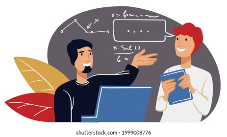 People working on progress and project completion, successful team working on computer. Charts and diagrams, graphs and charts. Formula leading to increase in productivity. Vector in flat style