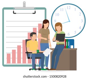 People working on project development, character gathered to discuss problems in company. Clipboard with charts and time clock deadline for workers. Vector illustration in flat cartoon style