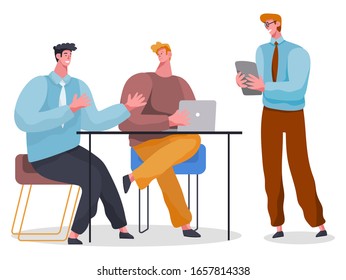People working on project. Isolated character with laptops sharing ideas on business development. Conversation of partners of colleagues. Talking personages by table desk. Vector in flat style