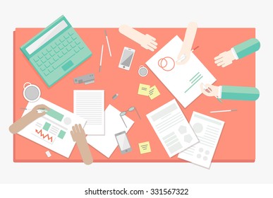 People working on a project. In the office on desctop. Flat design. 