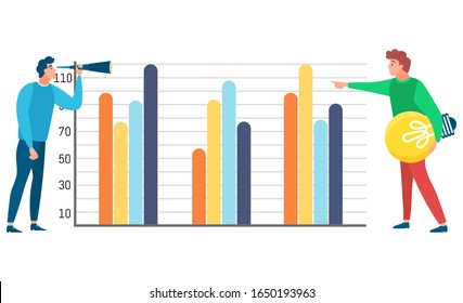 People working on project results analysis vector, man with lightbulb. Business stats and planning, table with growing charts and successful data on board