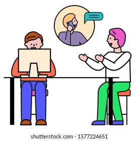 People working on project together. Team consulting with partner on phone, character talking on cell interacting with colleagues. Male analyzing info on laptop, vector in flat style illustration