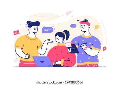 Personas trabajando en la ilustración de vector de proyecto. Equipo discutiendo idea, desarrollando inicio y haciendo correcciones de estilo plano. Concepto de proceso de trabajo creativo. Aislado sobre fondo blanco