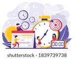 People are working on a schedule for the project. Time management. Tiny people illstration. Vector illustration