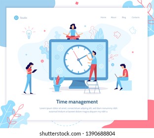 People are working on a schedule for the project. Time management. Landing page template. Flat vector illustration.