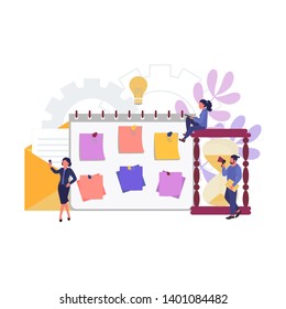 People are working on a schedule for the project. Time management concept. Landing page template, banner, poster. Vector illustration.