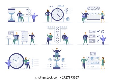 People working on a schedule project. Time management, distribution of priority of tasks, strategic planning, organization of working time, management schedule. Characters people near clock. Vector.