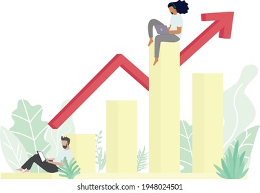 People are working on their computer online and sitting on the up soaring bar chart with natural tree leaf in minimal design. Online Business concept