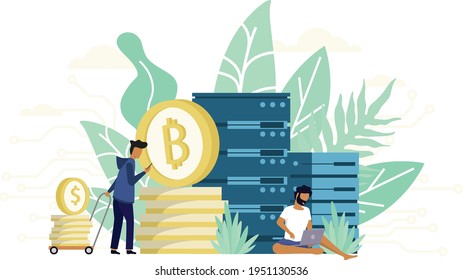 Die Leute arbeiten online an ihrem Computer-Handy mit Computer-Server-Hub und natürlichen Baumblatt in minimalem Design. Online Business - Verschlüsselungskonzept für Bitcoin