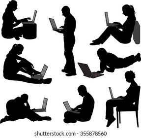 people working on their laptops silhouettes - vector