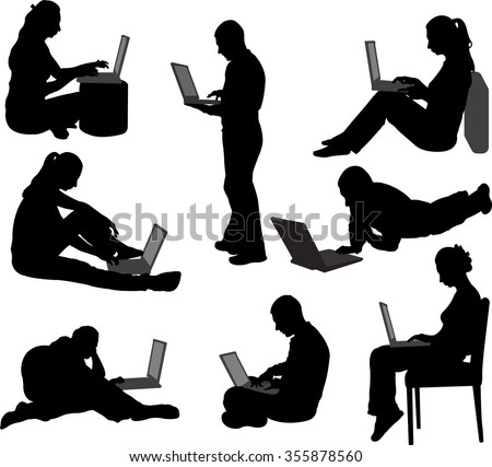 people working on their laptops silhouettes - vector