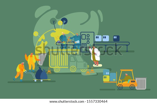 People Working on Waste Recycling Plant with\
Different Containers for Garbage Separation and Truck to Reduce\
Environment Pollution. Litter Industry, Eco Protection Cartoon Flat\
Vector Illustration