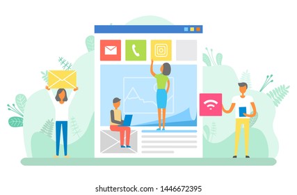 People working on website development vector. Man and woman with signs and icons, call phone and letter envelope, male with wifi connection sign flat style