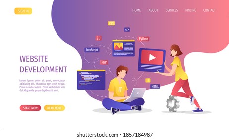 People working on the website development and design. Web agency, website builder,  programmer concept. Vector illustration for banner, presentation, advertising, poster.