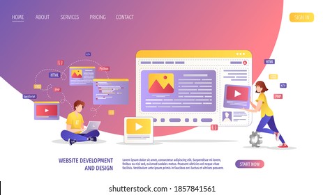 People working on the website development and design. Web agency, website builder,  programmer, web designer concept. Vector illustration for banner, presentation, advertising, poster.