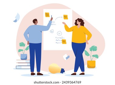 People working on whiteboard - Man and woman in workshop planning, making structure and solving problem in business project. Flat design cartoon style vector illustration