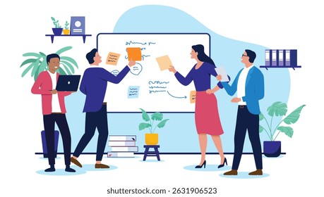 People working on whiteboard - Team or group of businesspeople in workshop using wall board with sticky notes to work out solution and problem. Flat design vector illustration on white background
