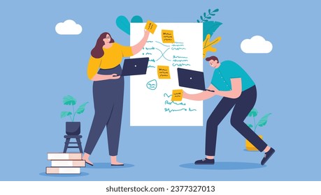 Gente trabajando en pizarra electrónica - Dos empresarios con notas pegajosas haciendo bocetos trabajando juntos en proyectos de negocios en taller. Ilustración vectorial de diseño plano con fondo azul