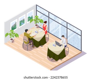 Gente trabajando en línea en un café usando ilustración vectorial de laptop. Mujer y hombre sentados en la mesa en un restaurante con trabajos a distancia. Trabajador independiente, concepto de empleado remoto